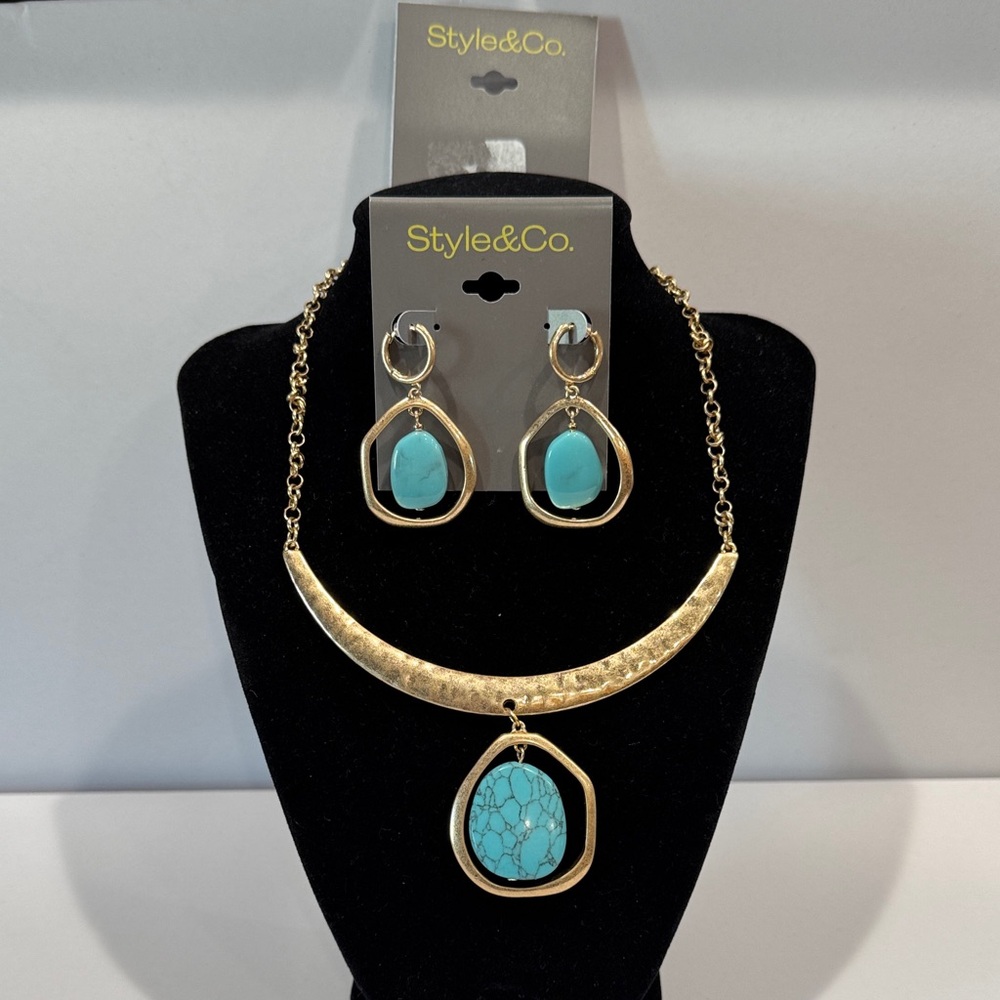 Style & Co. Orbital Gem front Gold Necklace with Turquoise Accents and earrings